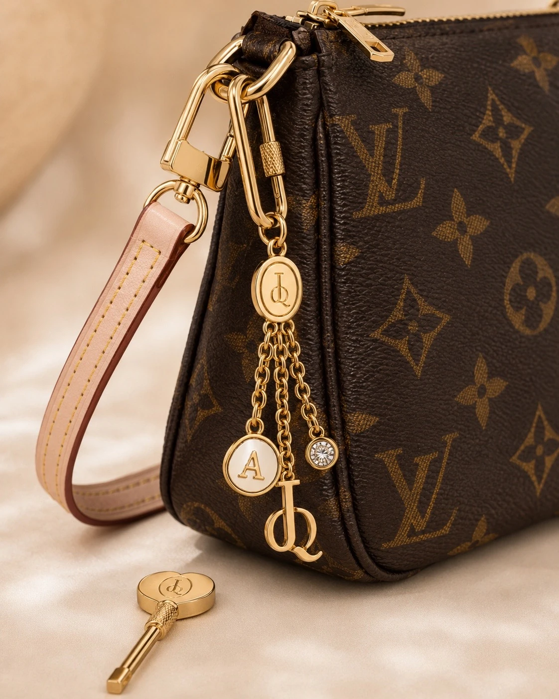 Vergoldeter JILIQUE Bag Charm mit Initiale, Monogramm und Diamant an einer braunen Monogramm-Tasche